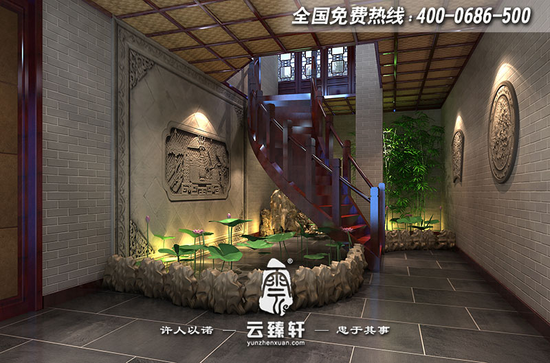 中式會所旋轉木制樓梯設計效果圖