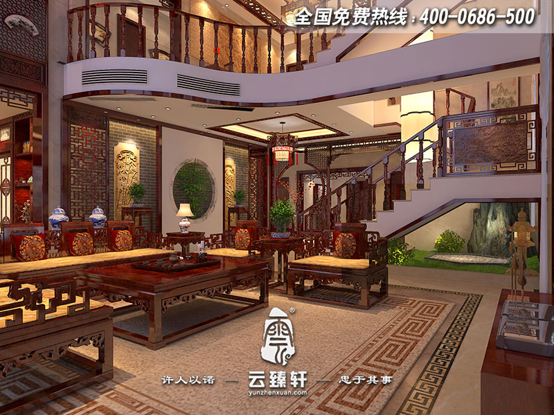 中式墅客廳空間設計效果圖