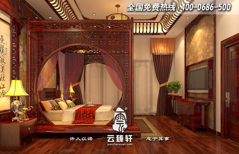 中式別墅主臥極具匠心的架子床設計效果圖