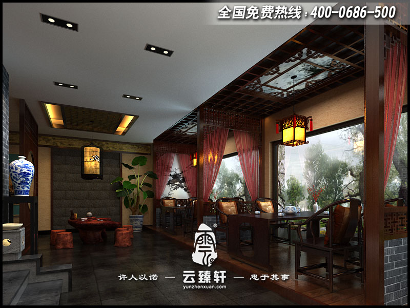 中式茶樓大廳一隅設計效果圖